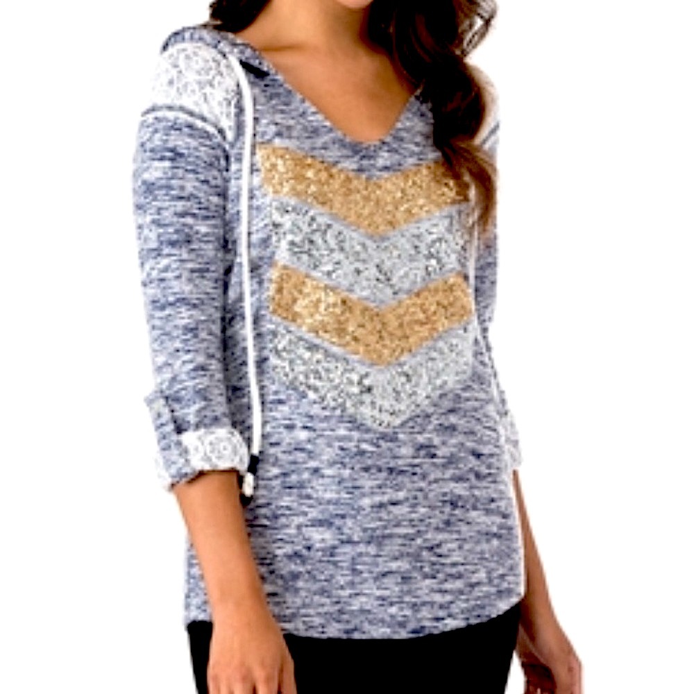 Miss Chievous Women’s Blue & Gold Sequin Lace Crochet Pullover Hoodie